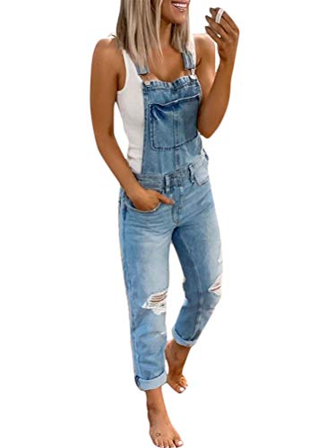 shownicer Damen Latzhose Retro Jeanshose Trägerhose Hoseanzug Denim Overall Gerades Bein Zerrissen Lang Trägerhose Ärmellos Locker mit Taschen A Blau L von shownicer