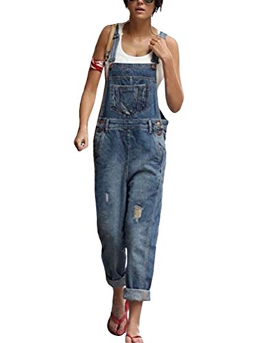 shownicer Damen Latzhose Retro Jeanshose Trägerhose Hoseanzug Denim Overall Gerades Bein Zerrissen Lang Trägerhose Ärmellos Locker mit Taschen G Blau M von shownicer