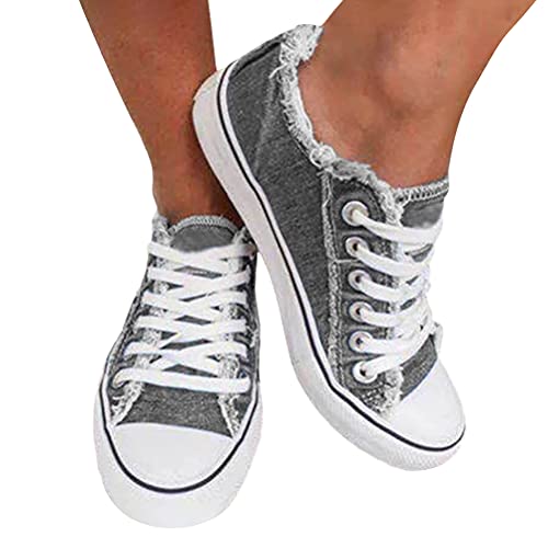 shownicer Damen Low-Cut Sneaker Canvas Flache Schuhe Frauen Beiläufige Schuhe Damen Sommer Herbst Turnschuhe Denim Schnürer Sportschuhe Grau 38 EU von shownicer