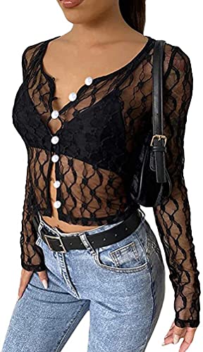 shownicer Damen Mesh Cardigan Y2K Spitze T-Shirt Vintage Lange Ärmel Cardigan mit Binde Sexy Crop Top Kurz Shirts Mädchen Streetwear C Schwarz S von shownicer