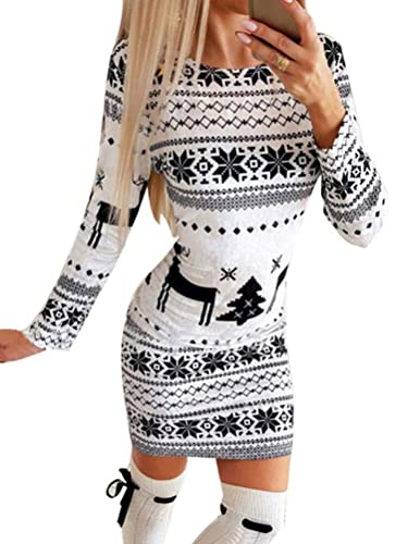 shownicer Damen Minikleid Langarm Slim Fit Pulloverkleid Rundhals Weihnachtskleid Weihnachtspullover Strickkleid Langer Pullover Partykleid C Weiß L von shownicer