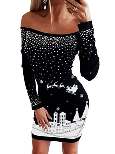 shownicer Damen Minikleid Langarm Slim Fit Pulloverkleid Rundhals Weihnachtskleid Weihnachtspullover Strickkleid Langer Pullover Partykleid D Schwarz M von shownicer