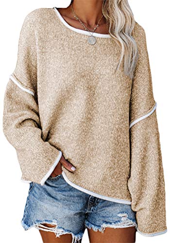 shownicer Damen Pullover Oversize Casual Elegant Strickpullover Grobstrickpullover Sweatshirts Pulli V-Ausschnitt Langarm Lose Oberteile Winter Khaki M von shownicer