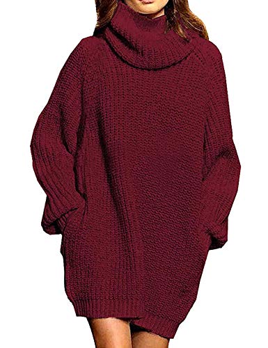 shownicer Damen Pulloverkleid Rollkragen Strickkleid Langarm Minikleid Übergroße Pullikleid Freizeit Oversized Weihnachten Kleid Winterkleid A Weinrot M von shownicer