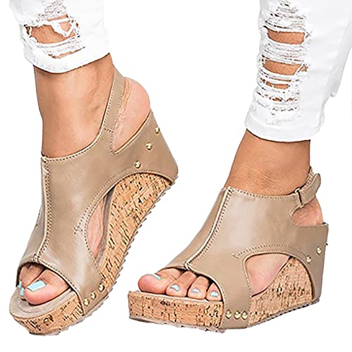 shownicer Damen Sandalen Casual Sommer Keilabsatz Wedge Peep Toe Strandschuhe Römersandalen Retro Sommerschuhe Mode Pantoletten C Khaki 34 EU von shownicer