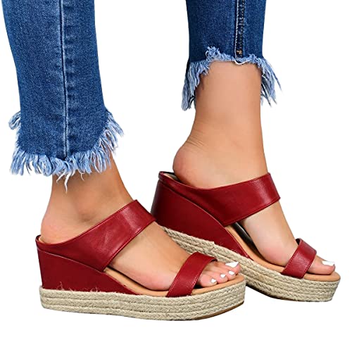 shownicer Damen Sandalen Sommer mit Absatz Frauen Keilabsatz Sandaletten Offene Schuhe Faux Leder Casual Plattform Römersandalen Flip Flops Freizeit Schuhe Strandsandalen X Rot 35 EU von shownicer