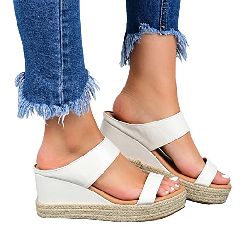 shownicer Damen Sandalen Sommer mit Absatz Frauen Keilabsatz Sandaletten Offene Schuhe Faux Leder Casual Plattform Römersandalen Flip Flops Freizeit Schuhe Strandsandalen X Weiß 36 EU von shownicer