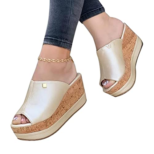 shownicer Damen Sandalen Sommer mit Absatz Frauen Keilabsatz Sandaletten Offene Schuhe Faux Leder Casual Plattform Römersandalen Flip Flops Freizeit Schuhe Strandsandalen Z2 Champagner 38 EU von shownicer