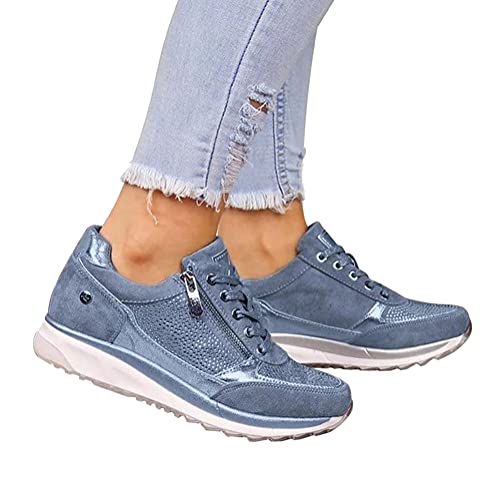 shownicer Damen Sneaker Flach Schuhe Freizeit Schnürer Reißverschluss Sportschuhe Frühjahr Sommer Low-Top Sneaker Laufschuhe Outdoor Walkingschuhe Blau 42 EU von shownicer