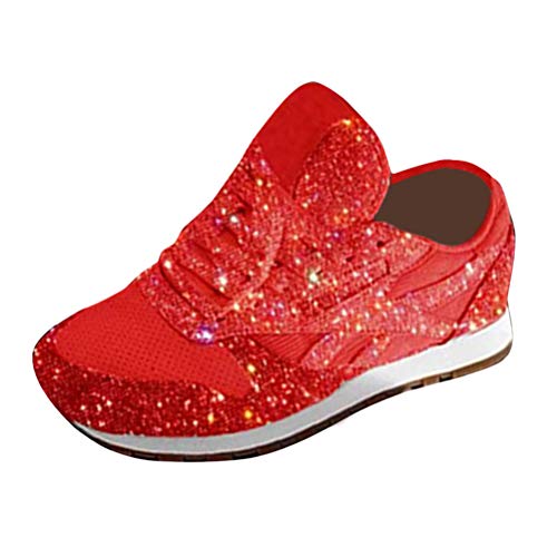 shownicer Damen Sneaker Pailletten Glitzer Flach Schuhe Freizeit Schnürer Sportschuhe Glänzende Schuhe Laufschuhe Sneaker Rot 40 EU von shownicer