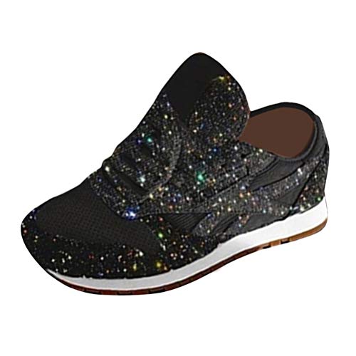 shownicer Damen Sneaker Pailletten Glitzer Flach Schuhe Freizeit Schnürer Sportschuhe Glänzende Schuhe Laufschuhe Sneaker Schwarz 39 EU von shownicer