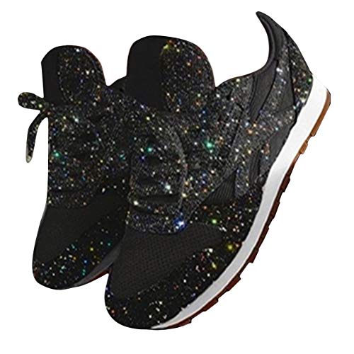 shownicer Damen Sneaker Pailletten Glitzer Flach Schuhe Freizeit Schnürer Sportschuhe Glänzende Schuhe Laufschuhe Sneaker Schwarz 39 EU von shownicer