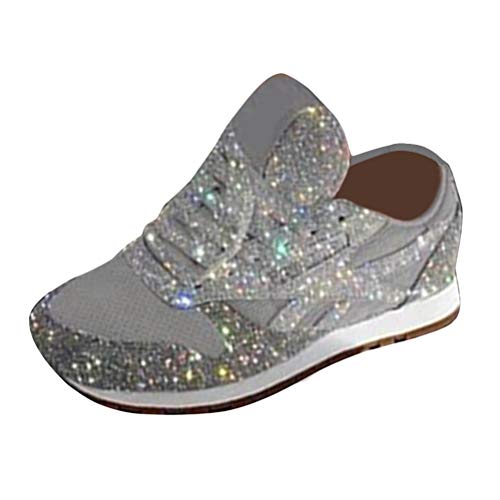 shownicer Damen Sneaker Pailletten Glitzer Flach Schuhe Freizeit Schnürer Sportschuhe Glänzende Schuhe Laufschuhe Sneaker Silber 36 EU von shownicer