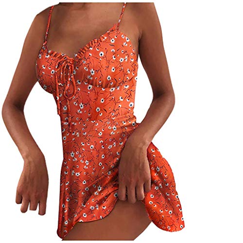 shownicer Damen Sommerkleid V-Ausschnitt Ärmellos Rückenfrei Minikleid Spaghettiträger Strandkleid Slim Fit Sexy Kurz Kleider Elegant Schöne Minikleider B Orange XS von shownicer