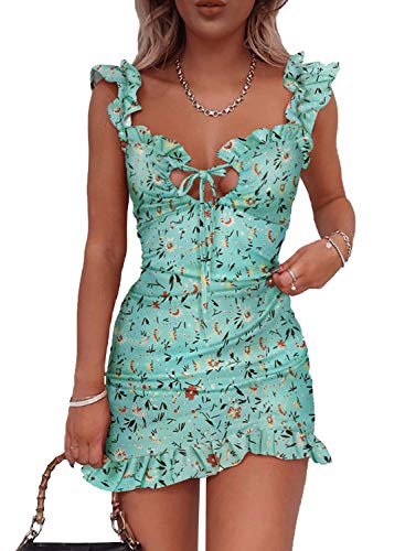 shownicer Damen Sommerkleid V-Ausschnitt Ärmellos Rückenfrei Minikleid Spaghettiträger Strandkleid Slim Fit Sexy Kurz Kleider Elegant Schöne Minikleider D Grün L von shownicer