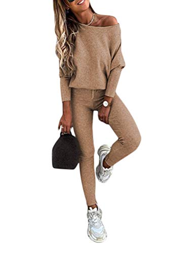 shownicer Damen Sportanzug Traingsanzug Jogginganzug Frauen 2 Teilig Freizeitanzug Set Mode 2 Stück Set aus Sweatshirt Mit Jogginghose Bequem Freizeitanzug A Khaki XS von shownicer