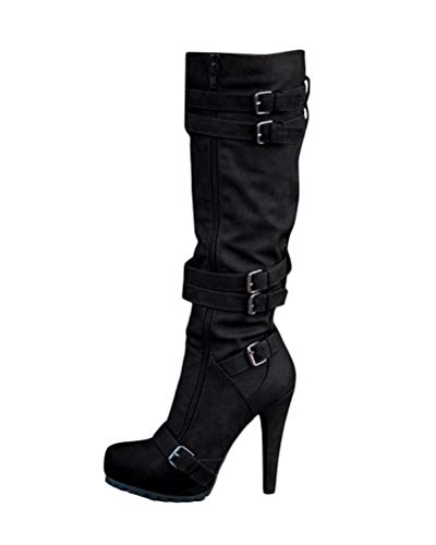 shownicer Damen Stiefel Winterschuhe High Heels Herbst Winter Elegant Hohe Stiefel Boots Chic Schnalle Klassische Stiefel Stiletto Boots Schnürschuhe A Schwarz 39 EU von shownicer