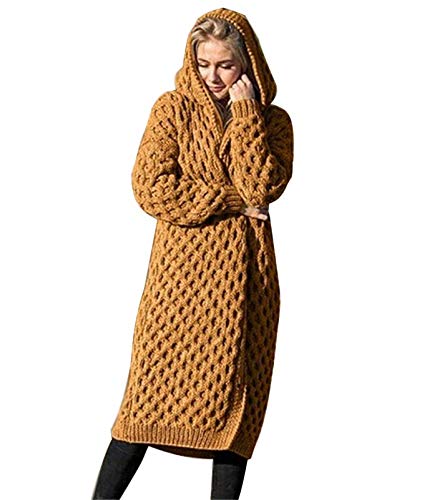 shownicer Damen Strickjacke Pullover Cardigan Gestrickt Strickmantel mit Kapuzen Lang Mantel Herbst Verdicken Wollmantel Kapuzenpulli Winterjacke Übergroß Lose Outwear Gelb 3XL von shownicer