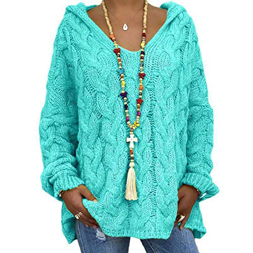 shownicer Damen Strickpullover Oversize Frauen Pullover Kapuze Langarm Shirt V-Ausschnitt Casual T-Shirt Sweater Herbst Winter Blau 1 L von shownicer