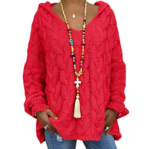 shownicer Damen Strickpullover Oversize Frauen Pullover Kapuze Langarm Shirt V-Ausschnitt Casual T-Shirt Sweater Herbst Winter Rot L von shownicer