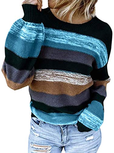 shownicer Damen Strickpullover V-Ausschnitt Casual Pullover Warm Oberteil Tops Streifen Sweater Elegant Herbst Winter Sweatshirt Blau XL von shownicer