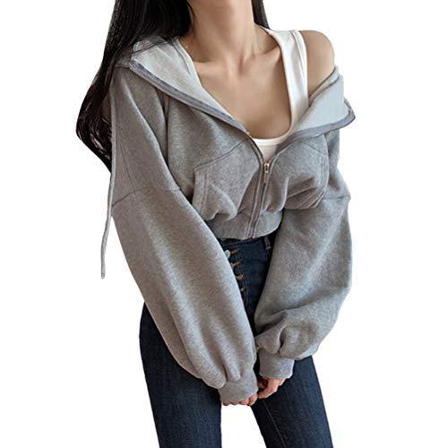 shownicer Damen Sweatjacke Mädchen Teenager Kapuzenpullover Langarm Kurz Hoodie Sweatshirt Crop Pullover Tops Mantel Kapuzenjacke mit Zip B Grau L von shownicer