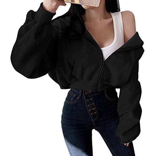 shownicer Damen Sweatjacke Teenager Mädchen Kapuzenpullover Langarm Kurz Hoodie Sweatshirt Crop Pullover Tops Kapuzenjacke mit Zip B Schwarz L von shownicer