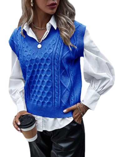 shownicer Damen V-Ausschnitt Stricken Weste Pullunder Ärmellos Strick Casual Pullunder Strickweste Geometrie Einfarbig Casual Strick Tank Top Business Sweater Z Blau M von shownicer