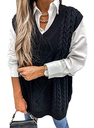 shownicer Damen V-Ausschnitt Strickweste Mode Pullunder Ärmelloser Pullover Weste Jacke Casual Strick Tank Top Sweater Streetwear A Schwarz XL von shownicer