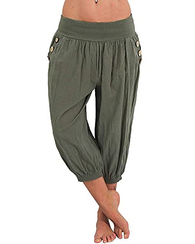 shownicer Haremshose Damen Kurz Pumphose 3/4 Baggy Hose Leichte Sommerhose Pluderhose Lässige Stoffhose Casual Weite Aladinhose Freizeithose Yogahose Strandhose mit Taschen A Grün XL von shownicer