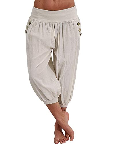 shownicer Haremshose Damen Kurz Pumphose 3/4 Baggy Hose Leichte Sommerhose Pluderhose Lässige Stoffhose Weite Aladinhose Freizeithose Yogahose Strandhose mit Taschen A Beige 3XL von shownicer