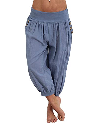 shownicer Haremshose Damen Kurz Pumphose 3/4 Baggy Hose Leichte Sommerhose Pluderhose Lässige Stoffhose Weite Aladinhose Freizeithose Yogahose Strandhose mit Taschen A Blau M von shownicer