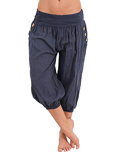 shownicer Haremshose Damen Kurz Pumphose 3/4 Baggy Hose Leichte Sommerhose Pluderhose Lässige Stoffhose Weite Aladinhose Freizeithose Yogahose Strandhose mit Taschen A Dunkelblau 3XL von shownicer