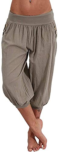 shownicer Haremshose Damen Kurz Pumphose 3/4 Baggy Hose Leichte Sommerhose Pluderhose Lässige Stoffhose Weite Aladinhose Freizeithose Yogahose Strandhose mit Taschen A Grau L von shownicer