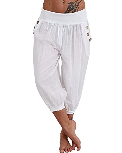 shownicer Haremshose Damen Kurz Pumphose 3/4 Baggy Hose Leichte Sommerhose Pluderhose Lässige Stoffhose Weite Aladinhose Freizeithose Yogahose Strandhose mit Taschen A Weiß 3XL von shownicer