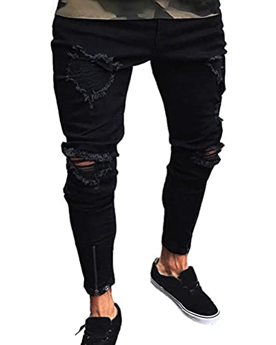 shownicer Herren Distressed Jeanshose Männer Ripped Ausgefranste Slim Fit Skinny Jeans Stretch Hose Jeanshosen Denim Pants B Schwarz M von shownicer