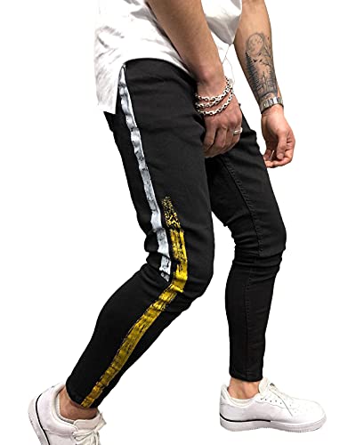 shownicer Herren Distressed Jeanshose Männer Ripped Ausgefranste Slim Fit Skinny Jeans Stretch Hose Jeanshosen Denim Pants D Schwarz L von shownicer