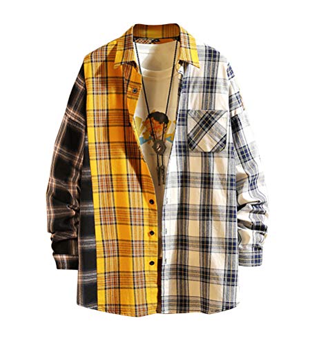 shownicer Herren Hemd Kariertes Freizeithemd Normale Passform Lange Ärmel Patchwork Plaid Tasten Oversize Hemd Jacke Hemdjacke Holzfällerjacke C Gelb S von shownicer