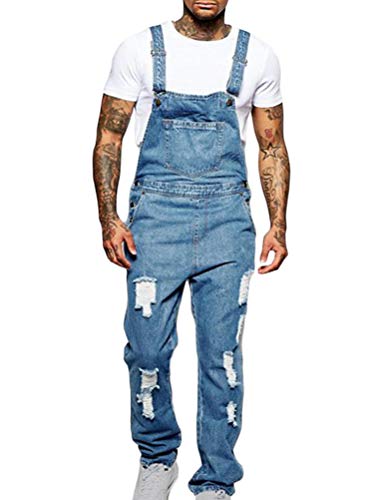 shownicer Herren Jeans Latzhose Lange Jeanshose Retro Denim Bib Overall Skinny Fit Stone-Washed Streetwear Zerreißen Arbeitshosen Jumpsuit D Hellblau L von shownicer