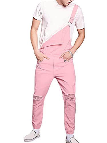 shownicer Herren Jeans Latzhose Lange Jeanshose Retro Denim Bib Overall Skinny Fit Stone-Washed Streetwear Zerreißen Arbeitshosen Jumpsuit H Rosa M von shownicer