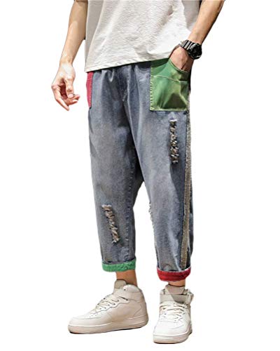 shownicer Herren Patchwork Jeans Casual Relaxed Fit Jeanshose Denim Hosen Baggy Hip Hop Jeans Hose mit Weitem Bein Straight Leg Vintage Color Block Jeans Streetwear E Blau M von shownicer