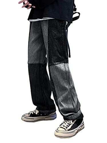 shownicer Herren Patchwork Jeans Casual Relaxed Fit Jeanshose Denim Hosen Baggy Hip Hop Jeans Hose mit Weitem Bein Straight Leg Vintage Color Block Streetwear B Schwarz XXL von shownicer