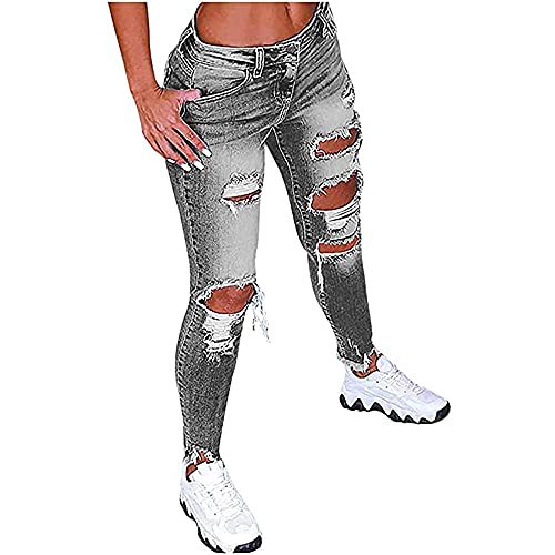 shownicer Jeans Damen Röhrenjeans Skinny Niedrige Taille Slim Stretch Jeanshosen Zerrissene Hose Mit Löchern Grau S von shownicer