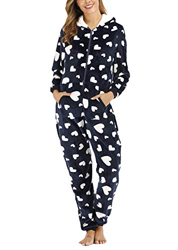 shownicer Jumpsuit Damen Schlafanzug Onesie Schlafoveralls mit Kapuze Einteiler Pyjamas Langarm Strampler mit Reißverschluss Frauen Mädchen Overall B Blau S von shownicer