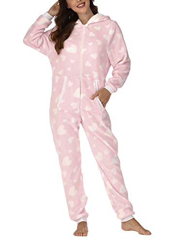 shownicer Jumpsuit Damen Schlafanzug Onesie Schlafoveralls mit Kapuze Einteiler Pyjamas Langarm Strampler mit Reißverschluss Frauen Mädchen Overall B Rosa XS von shownicer