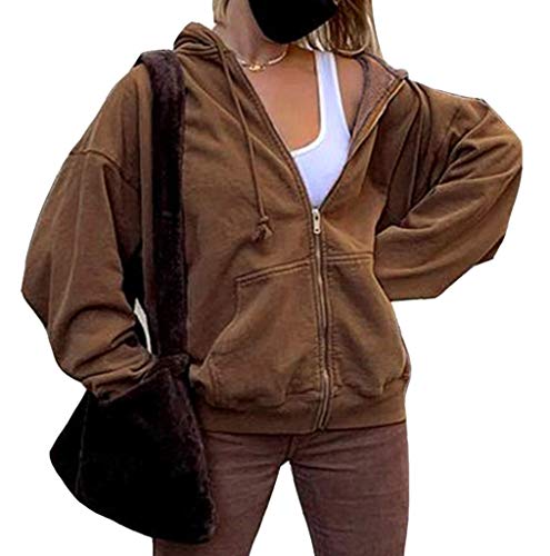 shownicer Kapuzenjacke Damen Sweatjacke Vintage Kapuzenpullover mit Reißverschluss Hoodie Kapuzenpulli Freizeitjacke Outwear 01 Braun S von shownicer