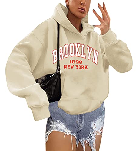 shownicer Kapuzenpullover Für Damen Herbst Winter Hoodie Letter Print Sweatshirt Lose Casual Langarm Hip Hop Langarmshirt Pullover mit Kapuze Sport Outerwear X1 Beige L von shownicer