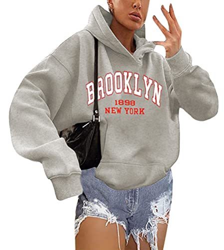 shownicer Kapuzenpullover Für Damen Herbst Winter Hoodie Letter Print Sweatshirt Lose Casual Langarm Hip Hop Langarmshirt Pullover mit Kapuze Sport Outerwear X1 Grau L von shownicer