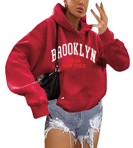 shownicer Kapuzenpullover Für Damen Herbst Winter Hoodie Letter Print Sweatshirt Lose Casual Langarm Hip Hop Langarmshirt Pullover mit Kapuze Sport Outerwear X1 Rot XS von shownicer