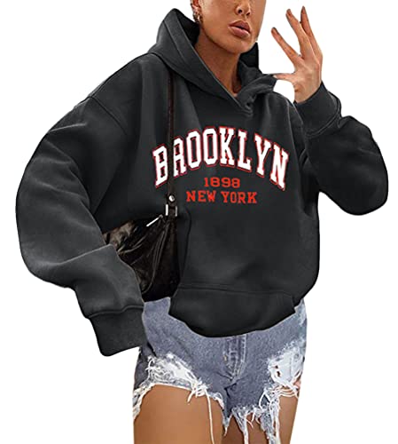 shownicer Kapuzenpullover Für Damen Herbst Winter Hoodie Letter Print Sweatshirt Lose Casual Langarm Hip Hop Langarmshirt Pullover mit Kapuze Sport Outerwear X1 Schwarz L von shownicer